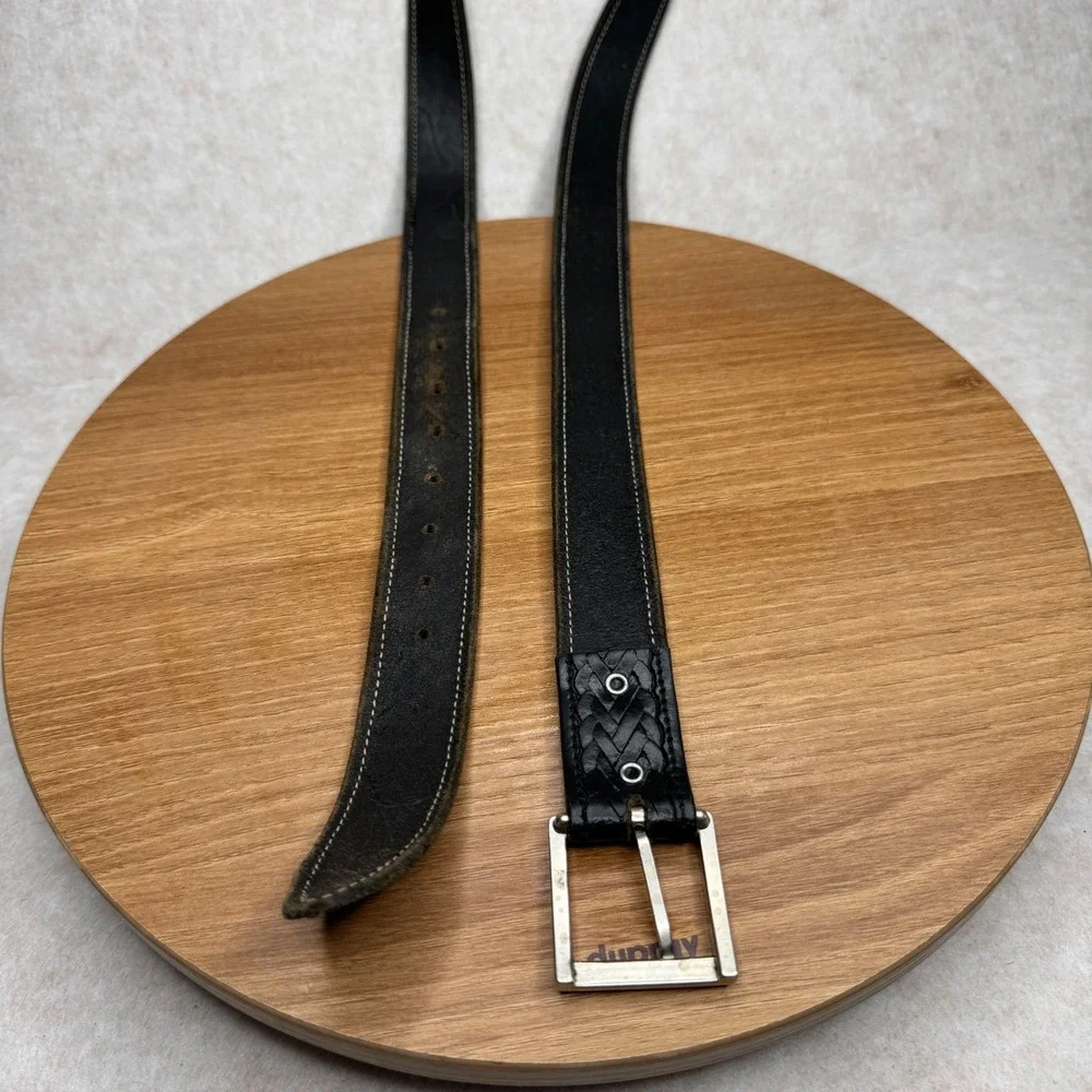Mens Black Leather Belt Silver Buckle Embossed Woven Design‎ WELL WORN Size 36
